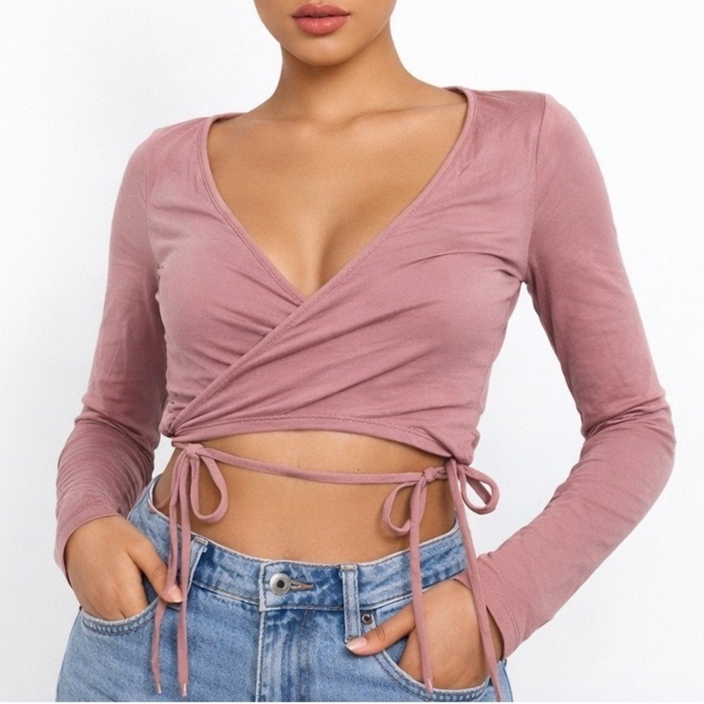 No Comment NY LA Crop Top Womens M Mauve Pink Wrap Tie Waist Long Sleeve Y2K
